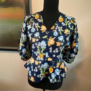 Draper James Women's Linen Puff Sleeve Top Floral Print V-Neck Preppy Size 2 NWT